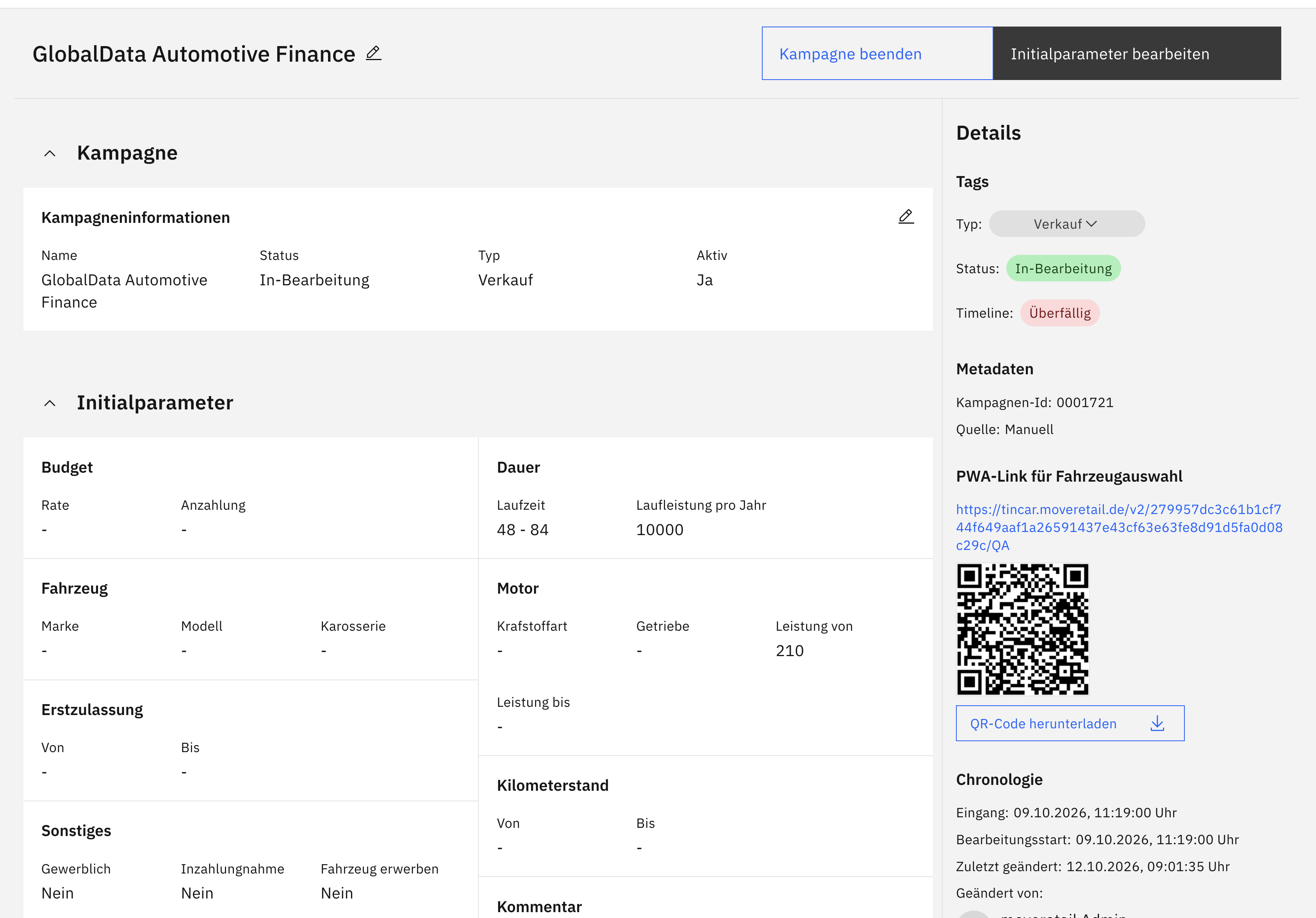 moveretail Kampagnentool mit Initialparametern, Tincar-Link und QR-Code